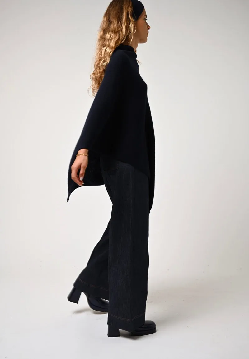 Elegant Navy Cashmere Poncho