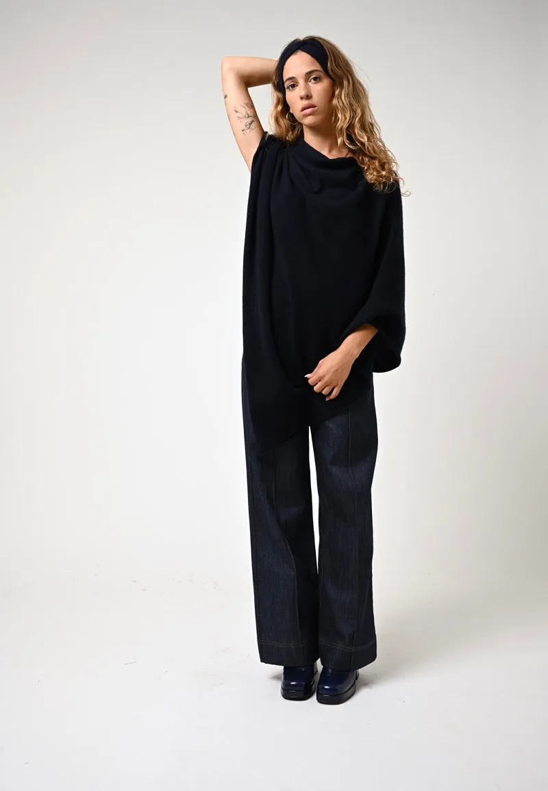 Elegant Navy Cashmere Poncho