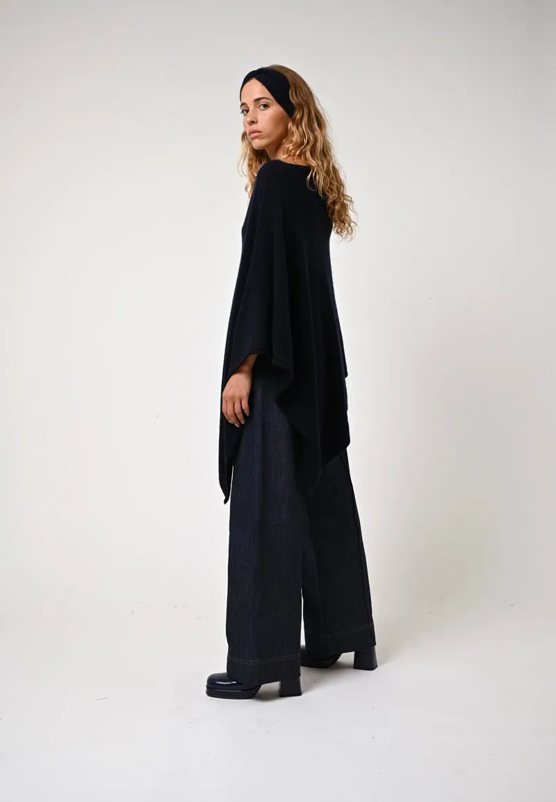 Elegant Navy Cashmere Poncho