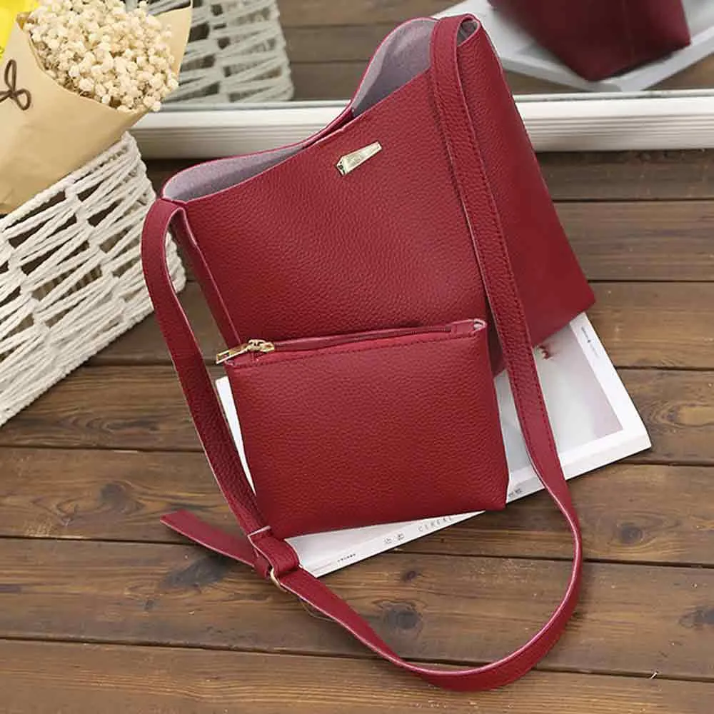 2PCS Women PU Leather Messenger Bags Mini Shoulder Trendy Hbag Tote Bolsas