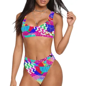 Retro 80s Pop Art Sport Top & High-Waisted Bikini Swimsuit / Rave Kit