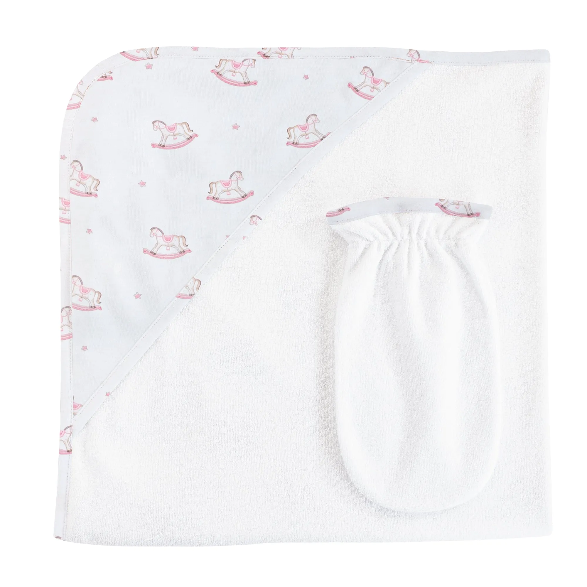 Rocking Horse Theme Hooded Towel & Mitt Set for Baby Club (Pink, Blue Options)