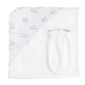 Rocking Horse Theme Hooded Towel & Mitt Set for Baby Club (Pink, Blue Options)