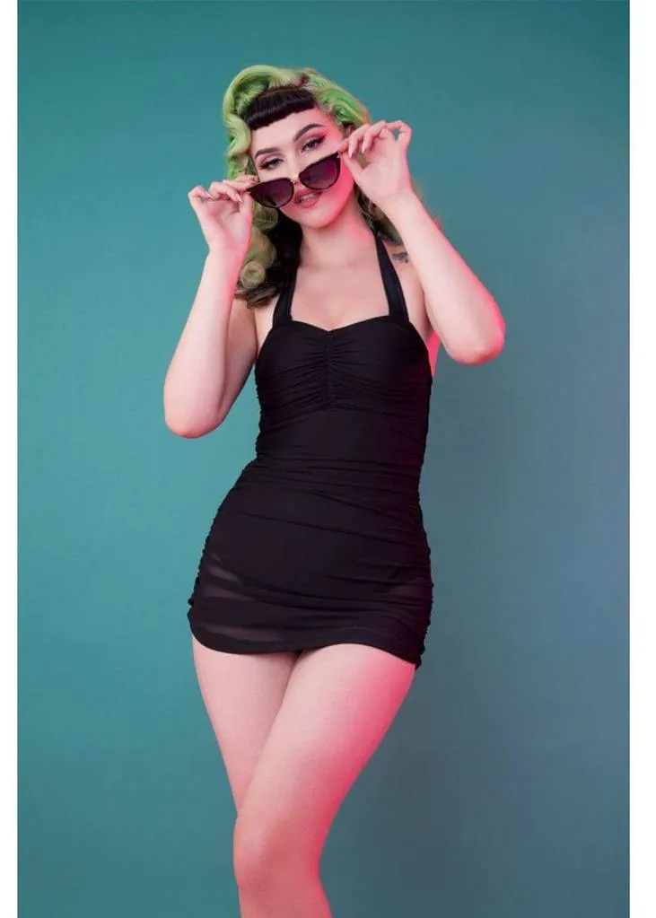 Black 50's Swimsuit with Mesh Overlay by Collectif x Playful Promises