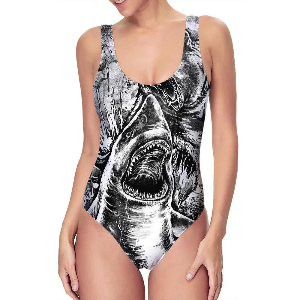 Black & White Bear vs. Shark One Piece Swimsuit