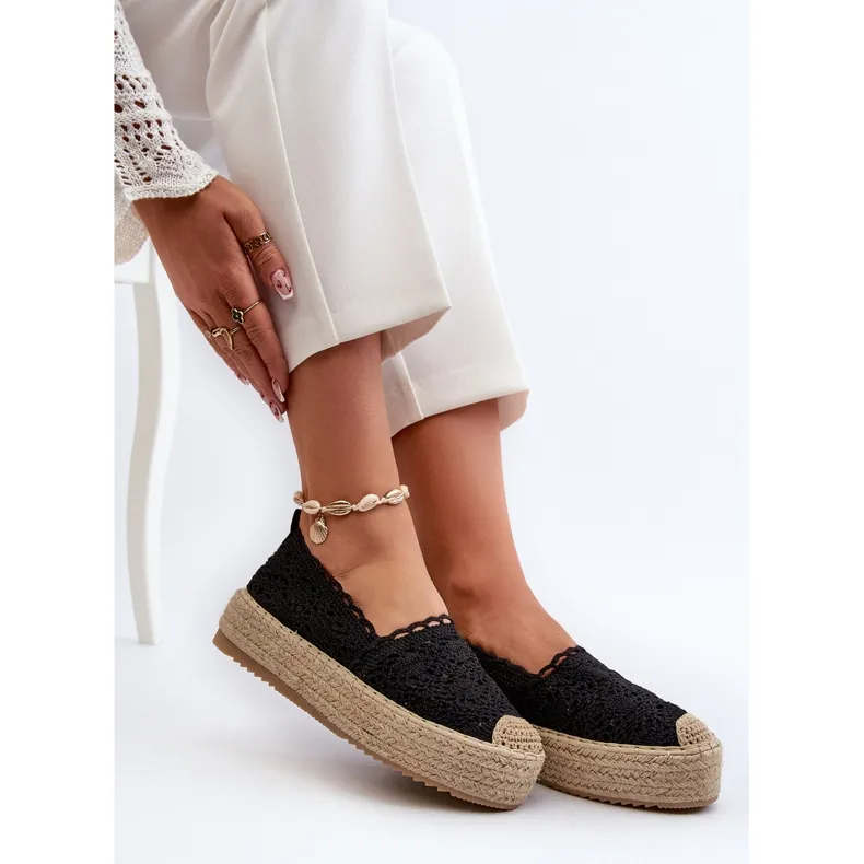 Black Platform Lace Espadrilles for Women