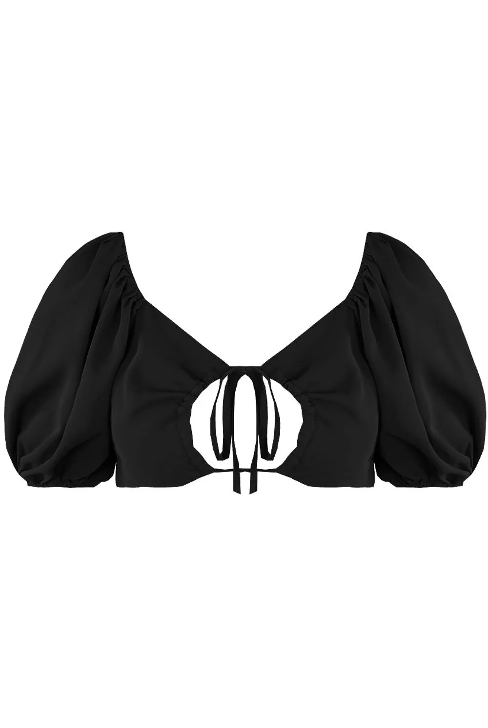 Black Puff Sleeve Crop Tops with Keyhole