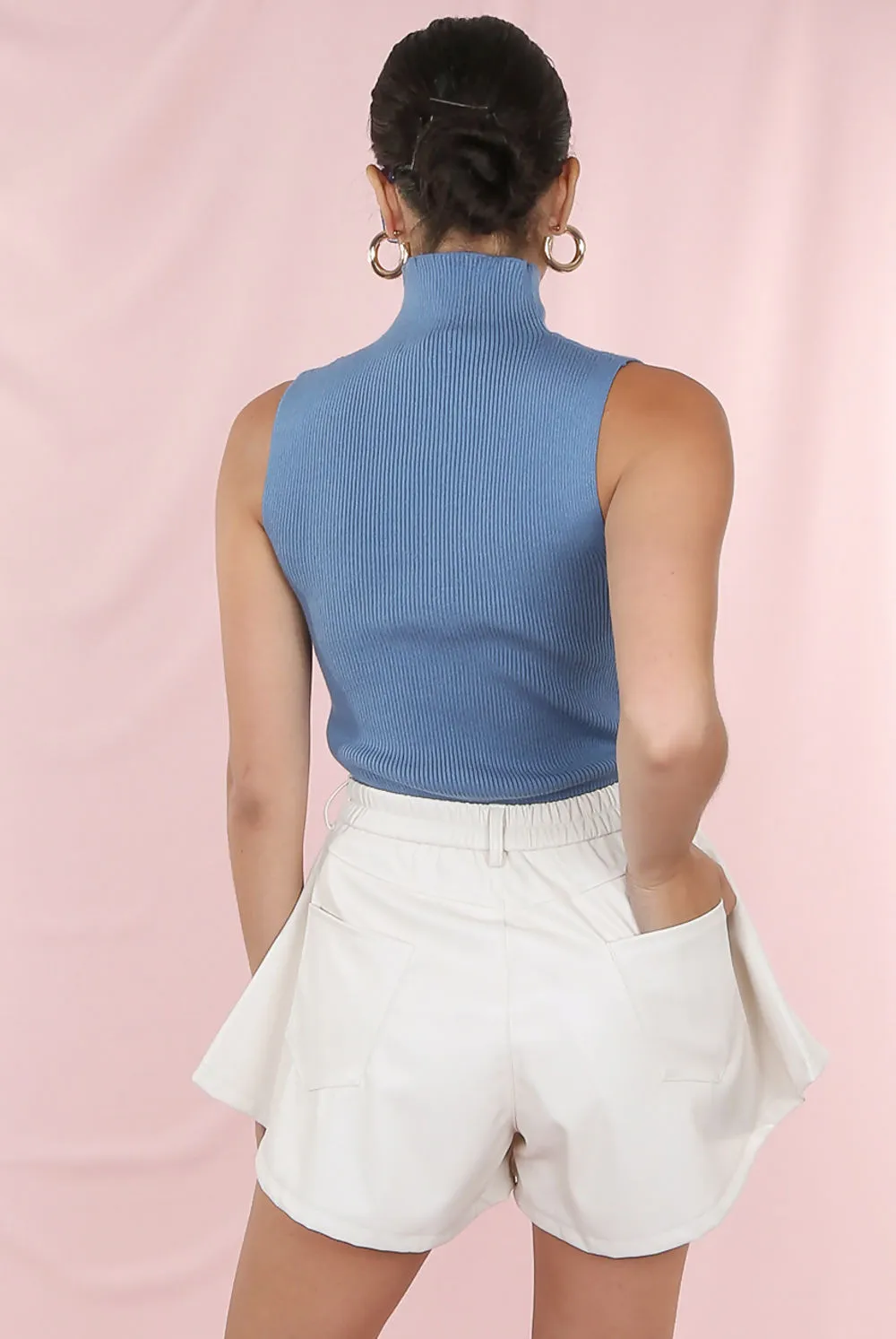 Blue Ribbed Crop Tops with High Neck