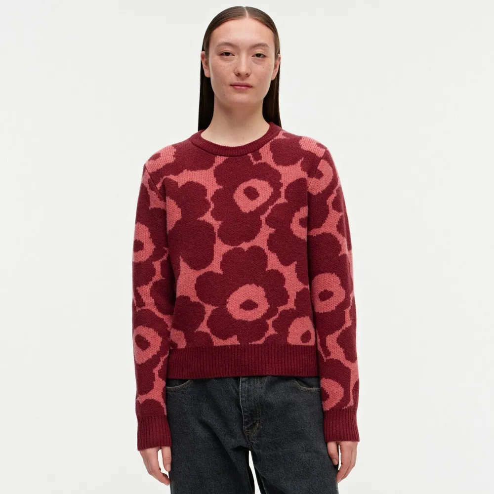 Marimekko Wool Nylon Rib Crew Neck Flower Patterns Casual Style