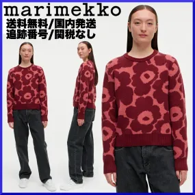 Marimekko Wool Nylon Rib Crew Neck Flower Patterns Casual Style