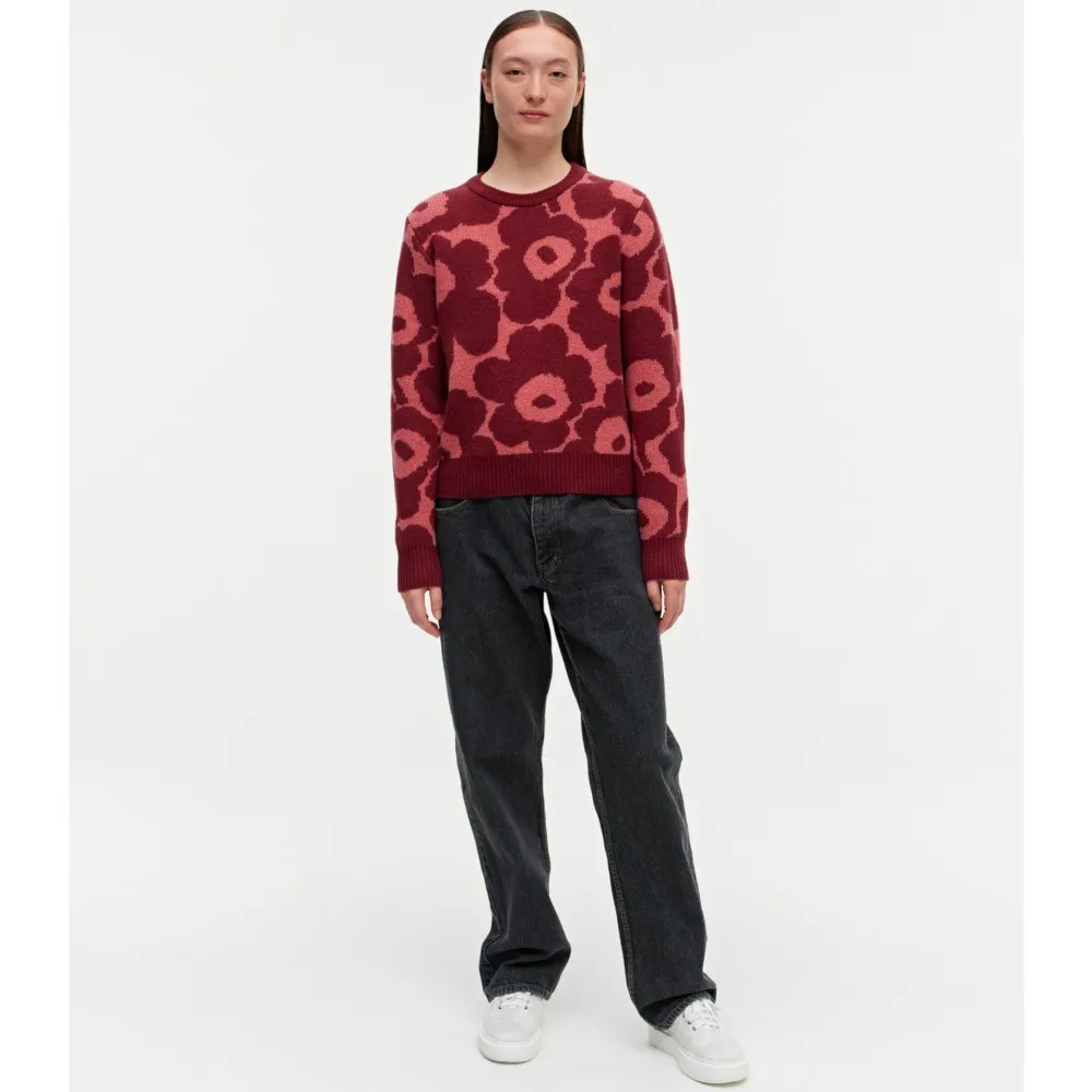 Marimekko Wool Nylon Rib Crew Neck Flower Patterns Casual Style