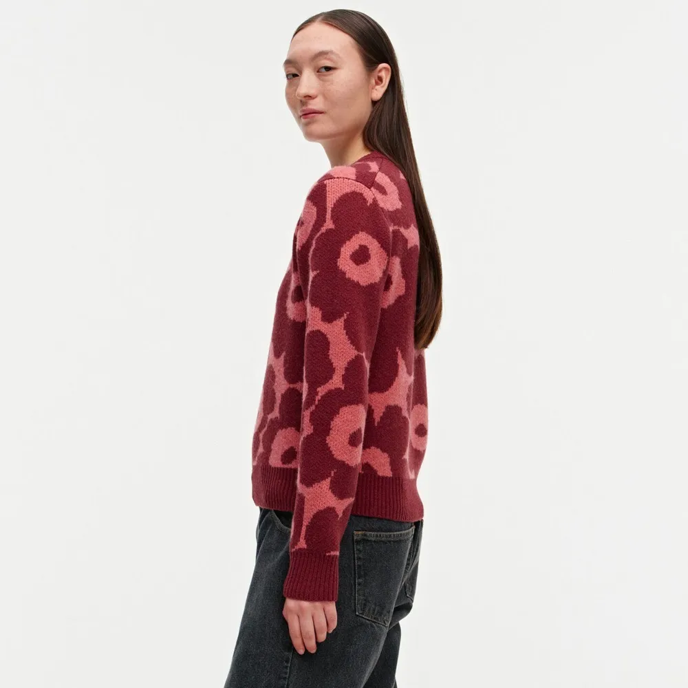 Marimekko Wool Nylon Rib Crew Neck Flower Patterns Casual Style