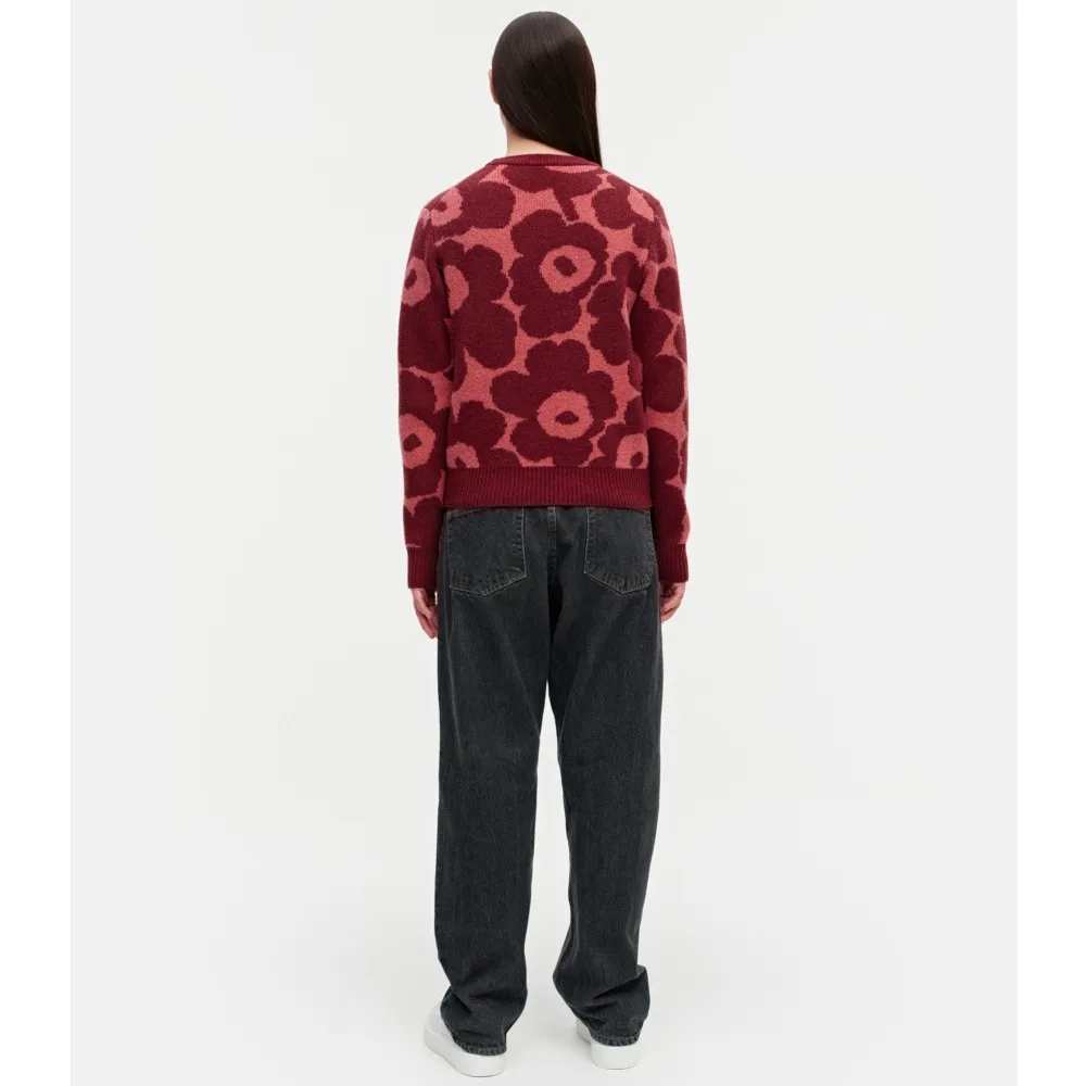 Marimekko Wool Nylon Rib Crew Neck Flower Patterns Casual Style