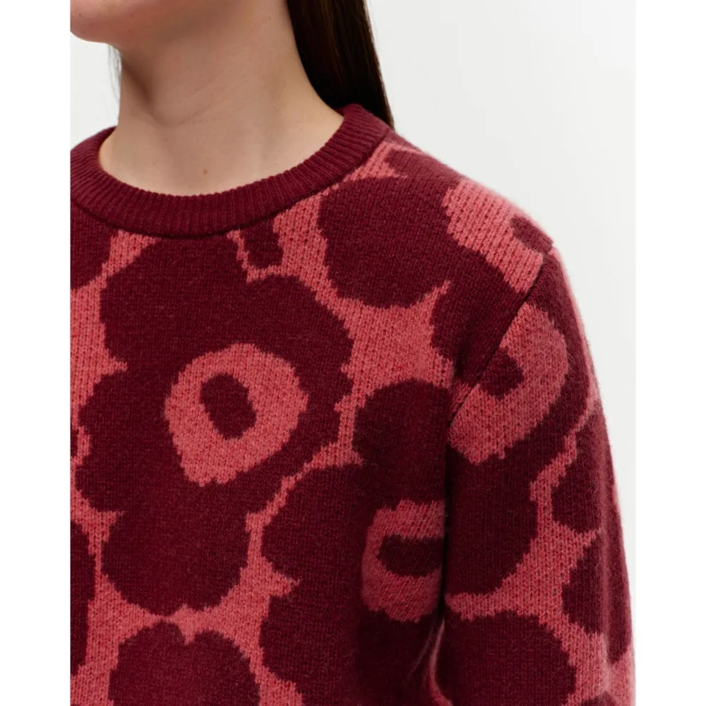 Marimekko Wool Nylon Rib Crew Neck Flower Patterns Casual Style