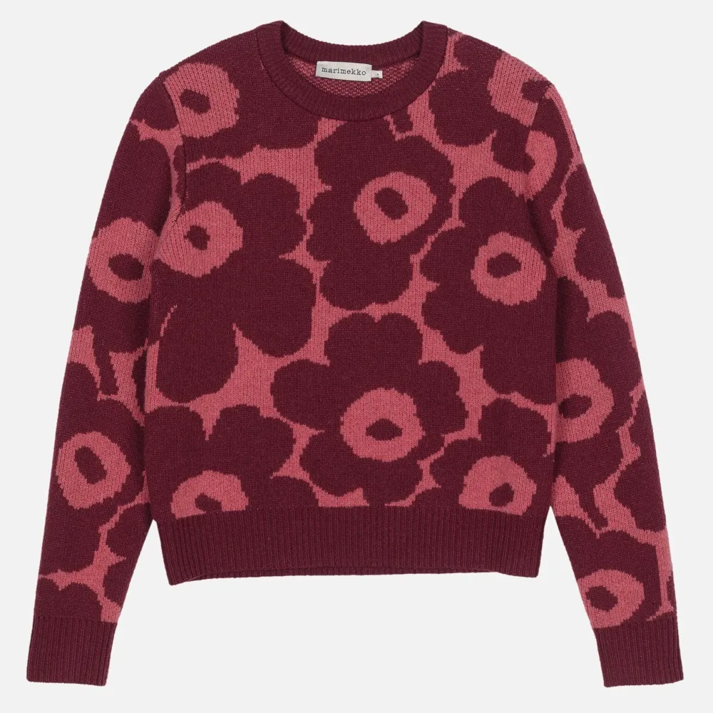 Marimekko Wool Nylon Rib Crew Neck Flower Patterns Casual Style