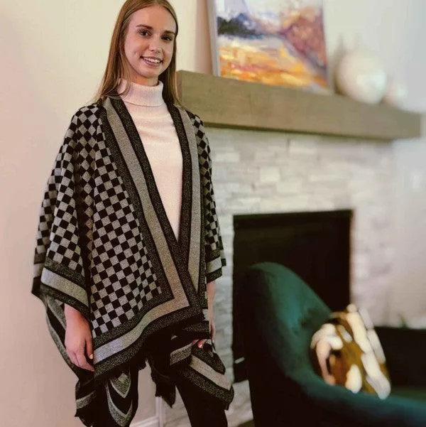 Plaid Poncho with Fringe Sleeves, Available in 5 Colors