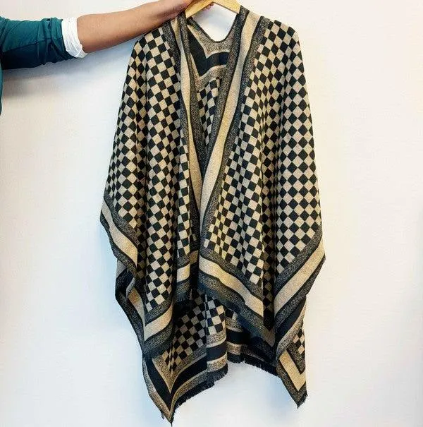 Plaid Poncho with Fringe Sleeves, Available in 5 Colors