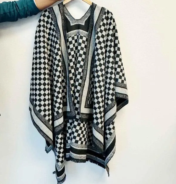 Plaid Poncho with Fringe Sleeves, Available in 5 Colors