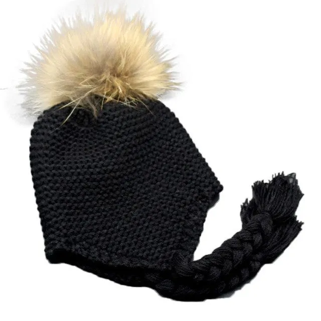 Children's Cute Knitted Wool Beanies for Boys and Girls with Faux Fur Pom Pom