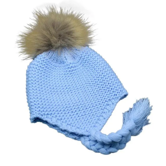 Children's Cute Knitted Wool Beanies for Boys and Girls with Faux Fur Pom Pom