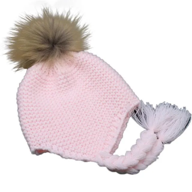 Children's Cute Knitted Wool Beanies for Boys and Girls with Faux Fur Pom Pom