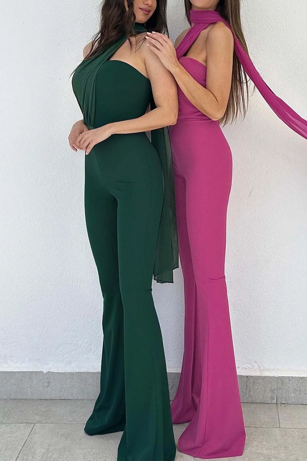 Flared Jumpsuits with Chocker Neck Ribbon