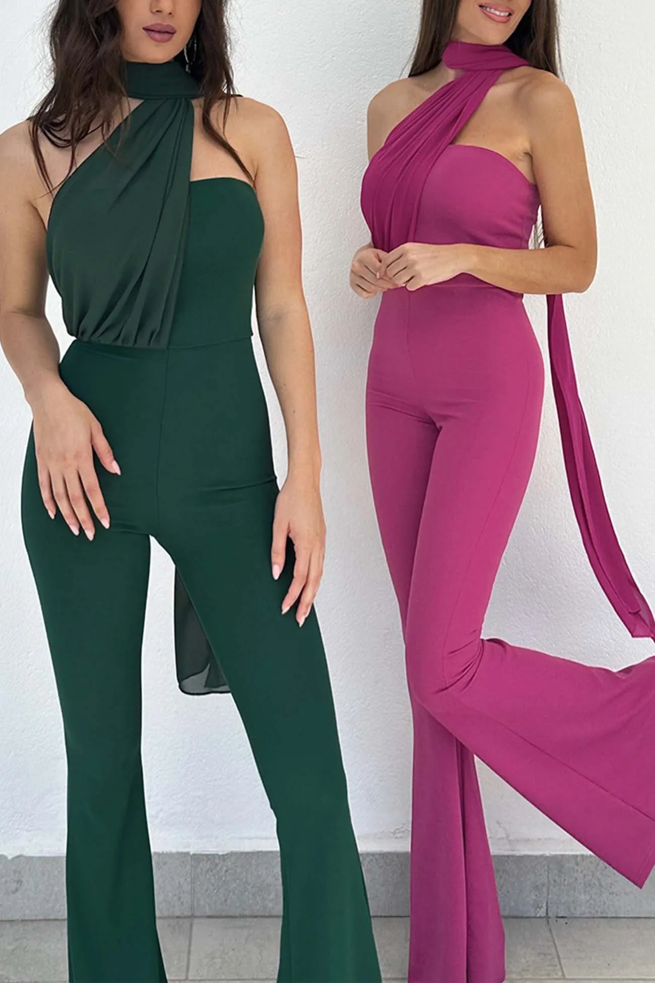 Flared Jumpsuits with Chocker Neck Ribbon