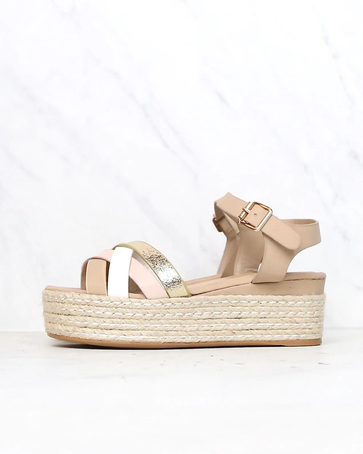 Criss Cross Strappy Band Espadrilles Platform Sandal Ankle Strap Blush Multi