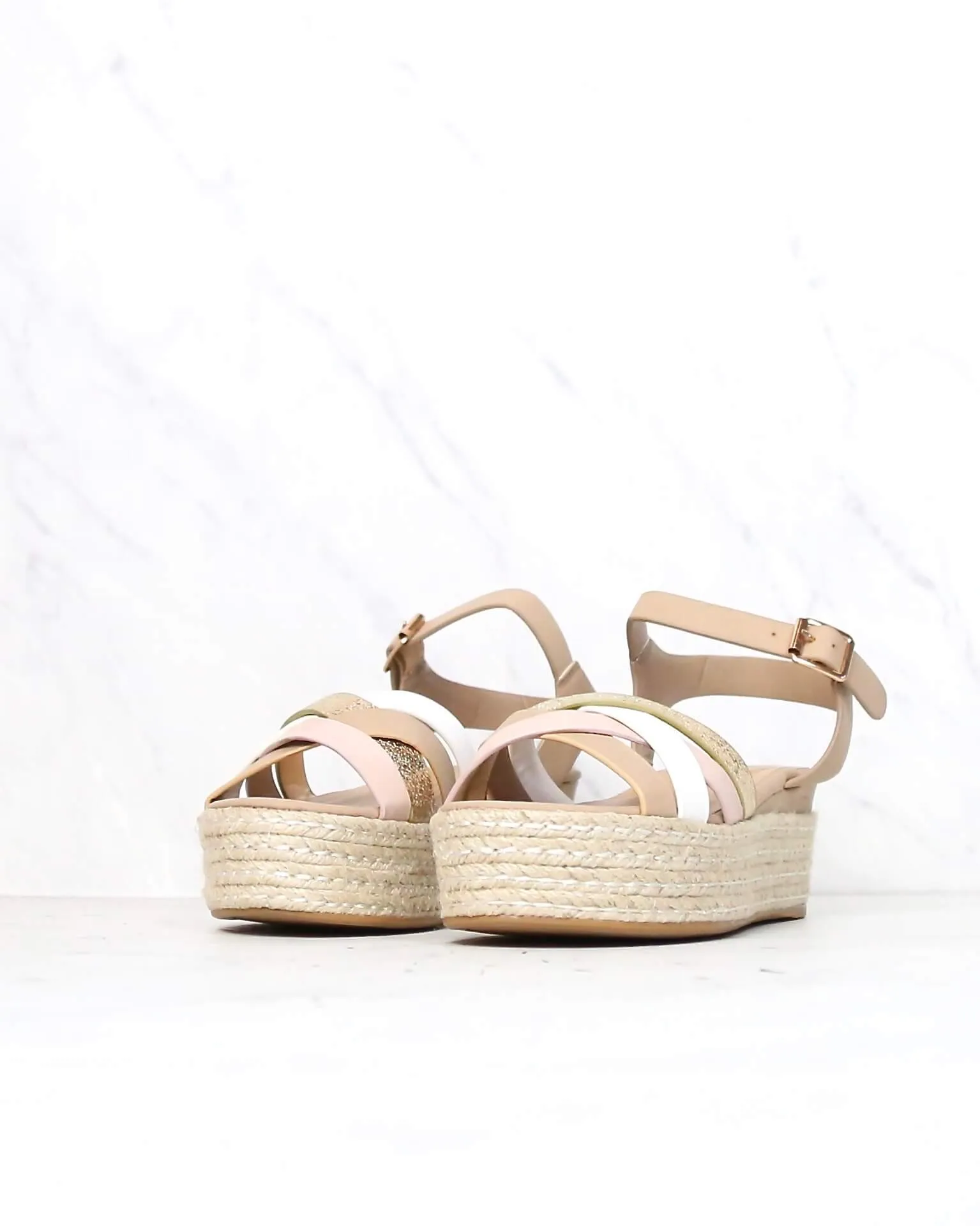 Criss Cross Strappy Band Espadrilles Platform Sandal Ankle Strap Blush Multi