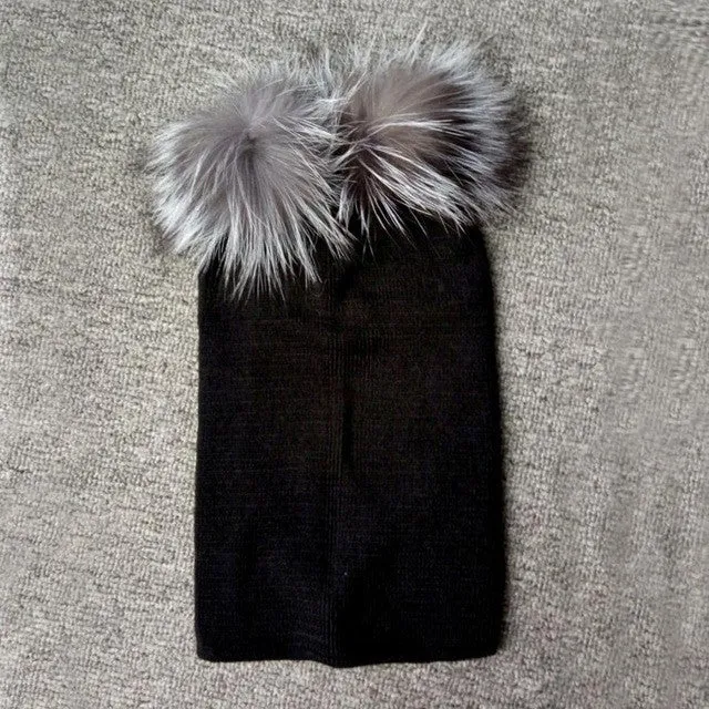 Double Fur Pompom Beanie with Removable Ball