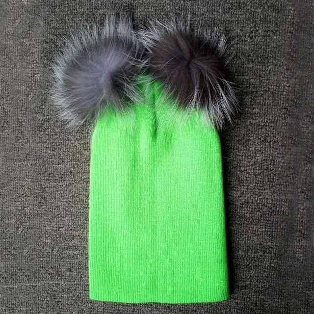 Double Fur Pompom Beanie with Removable Ball