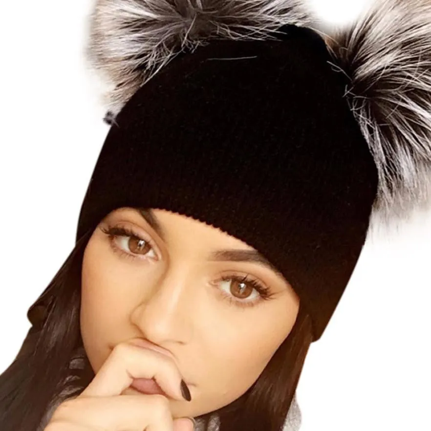 Double Fur Pompom Beanie with Removable Ball