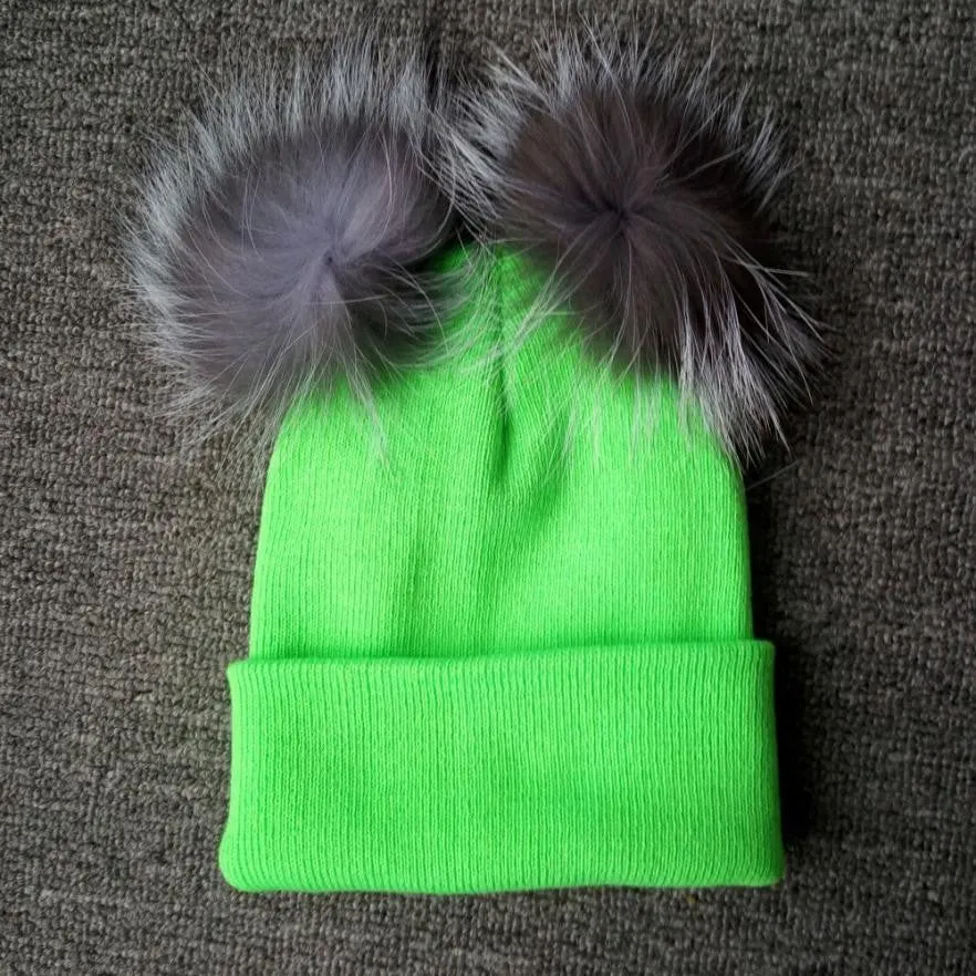 Double Fur Pompom Beanie with Removable Ball