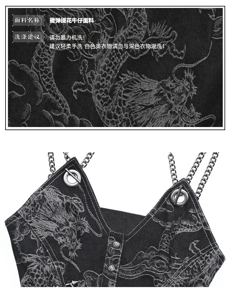 Womens Spaghetti Strap Crop Top with Dragon Rivet and Metal Chain Decoration