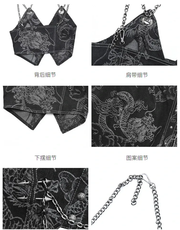 Womens Spaghetti Strap Crop Top with Dragon Rivet and Metal Chain Decoration