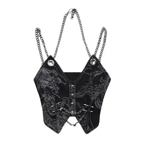 Womens Spaghetti Strap Crop Top with Dragon Rivet and Metal Chain Decoration