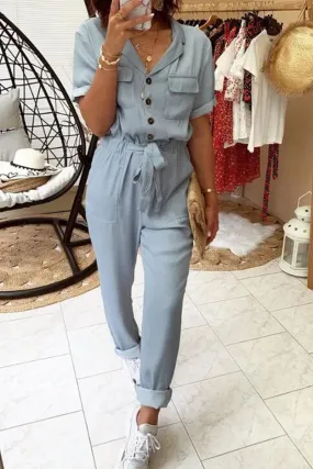 Solid Patchwork Turndown Collar Jumpsuits