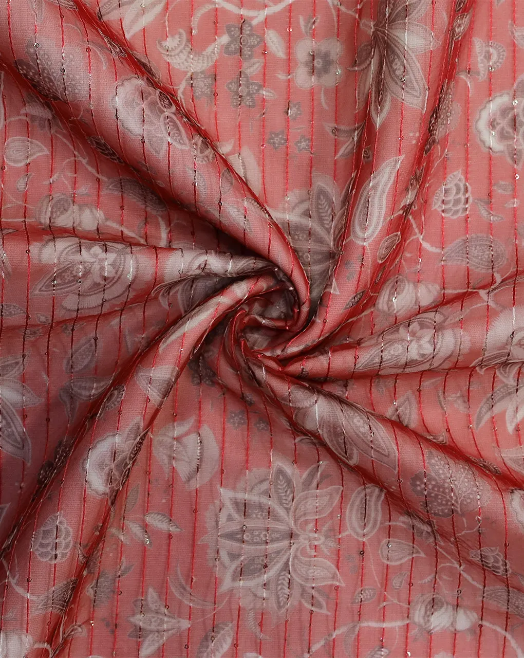 Red Floral Polyester Organza Fabric