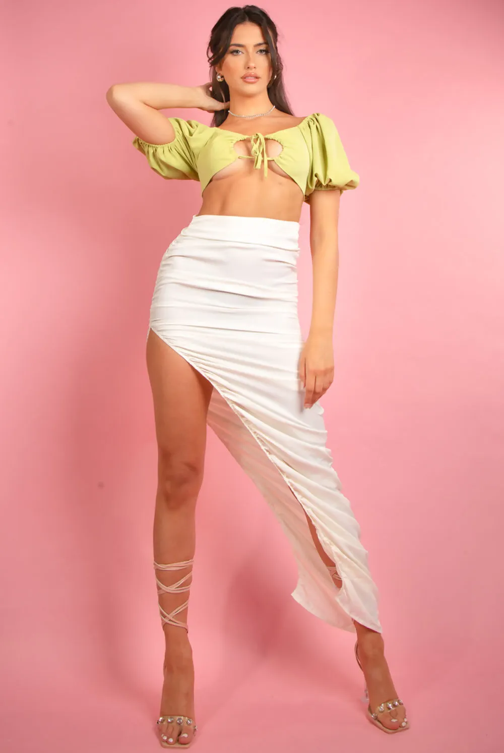 Green Crop Tops with Keyhole and Puff Sleeves