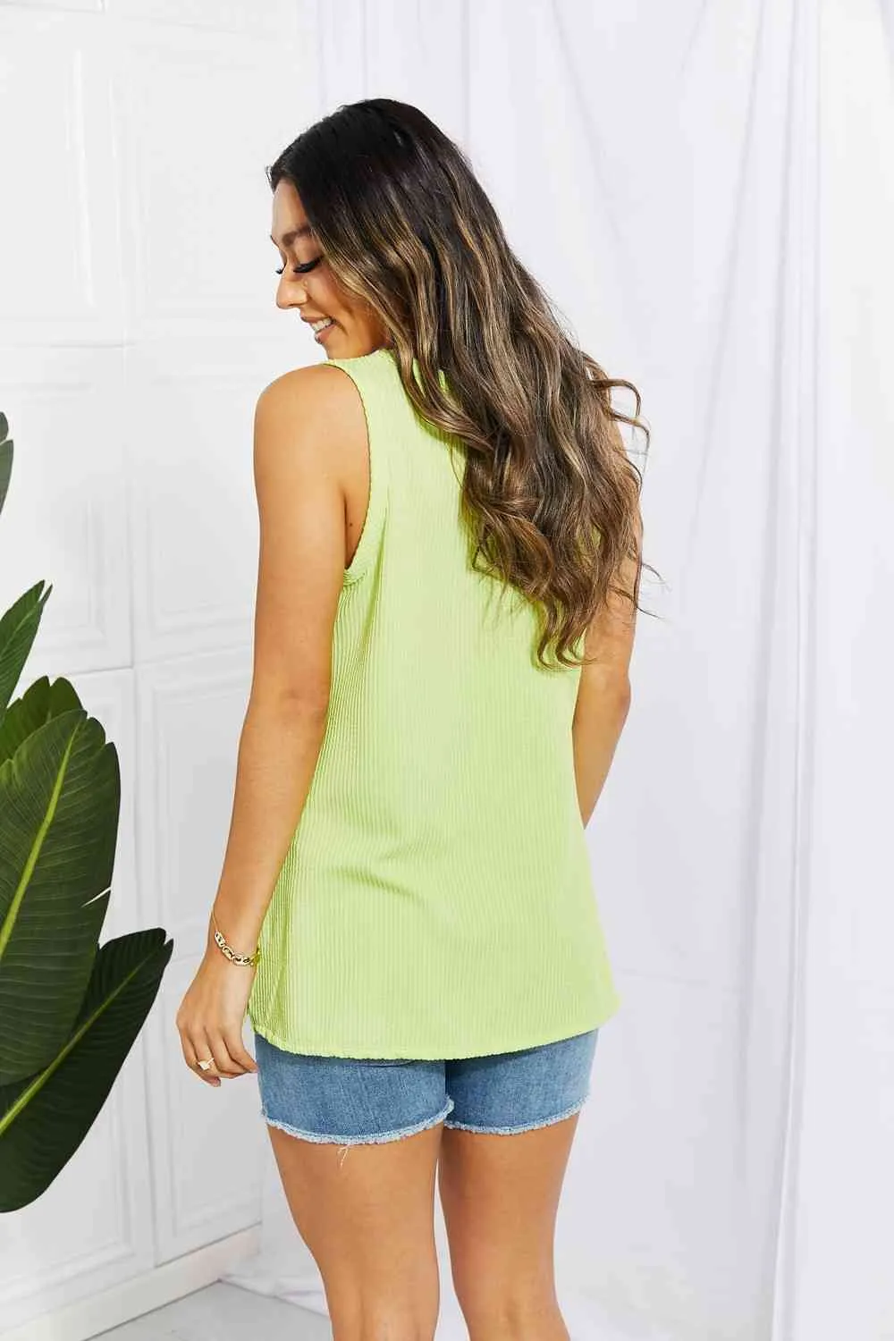 Green Ribbed V-Neck Tank Top