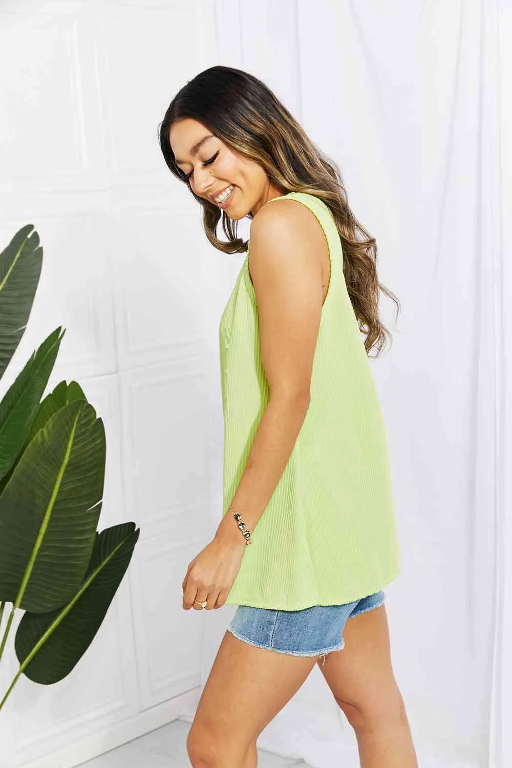 Green Ribbed V-Neck Tank Top