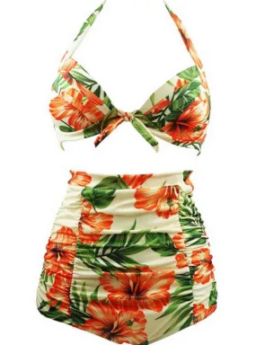 Orange Floral Print Plus Size Halter Bikini with High Waist