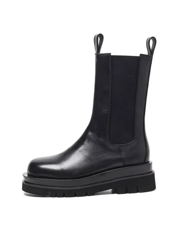 Chelsea Women's Mid-Calf Genuine Black Leather Boots