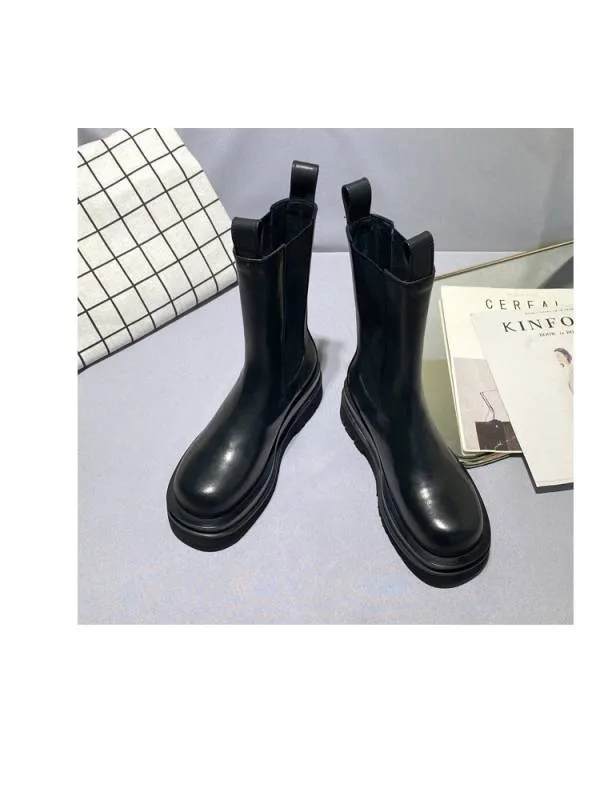 Chelsea Women's Mid-Calf Genuine Black Leather Boots