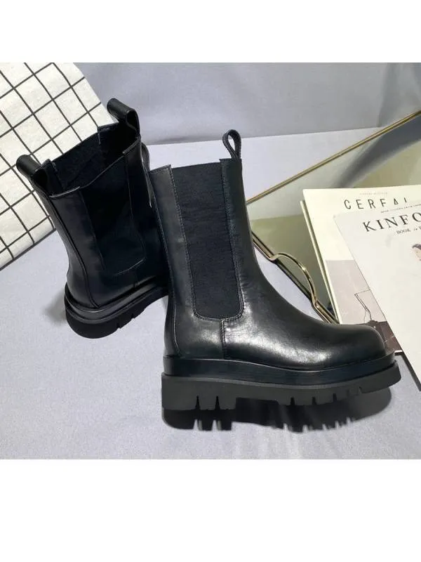 Chelsea Women's Mid-Calf Genuine Black Leather Boots