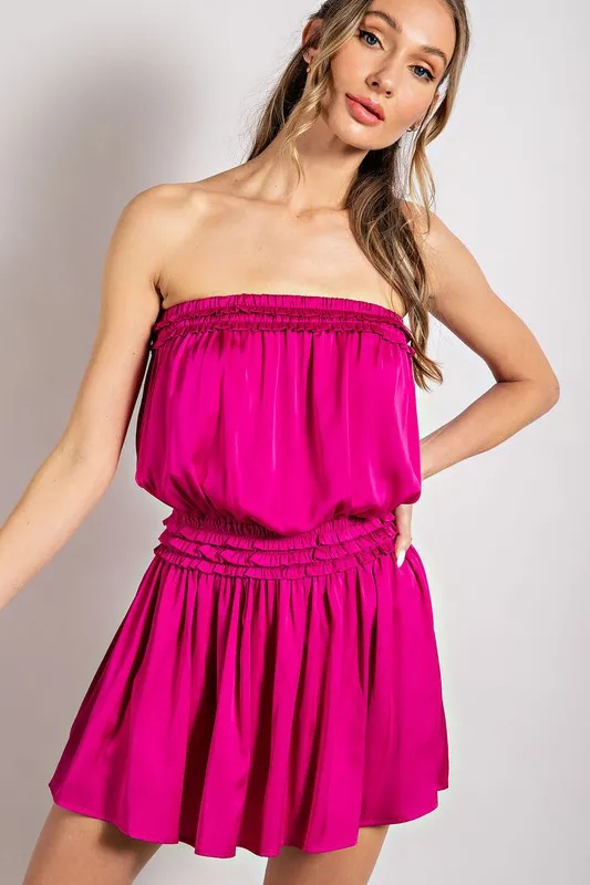 Hot Pink Strapless Romper with Ruffle Detail