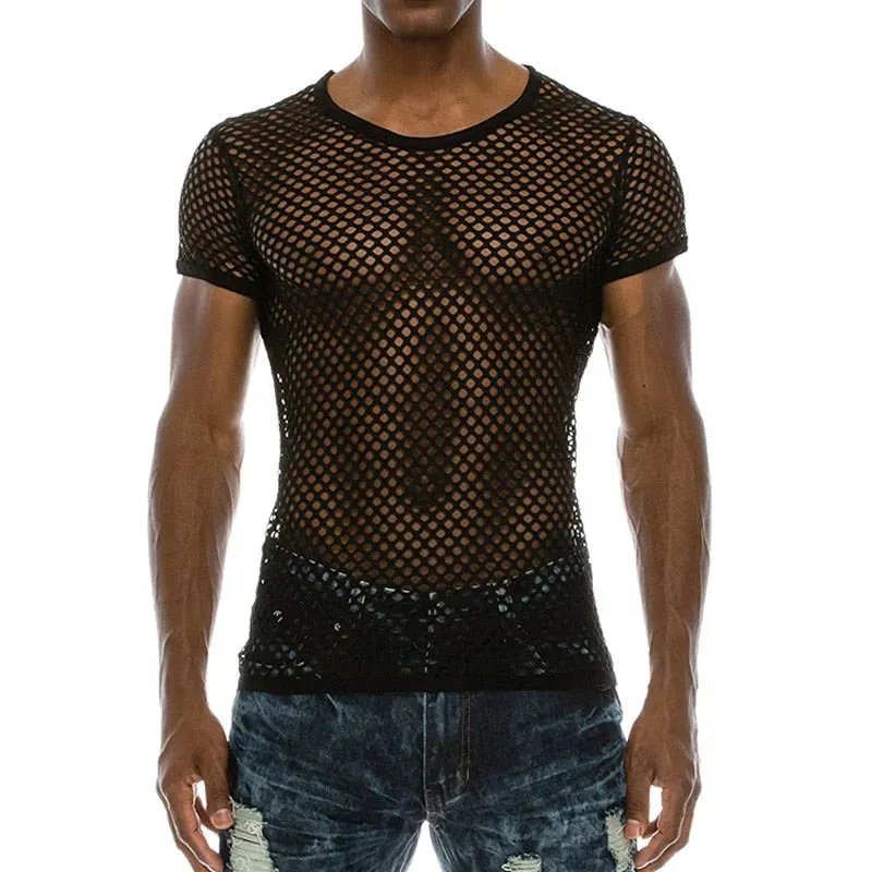 Polyester See-Through Fishnet Streetwear Fitness Shirt