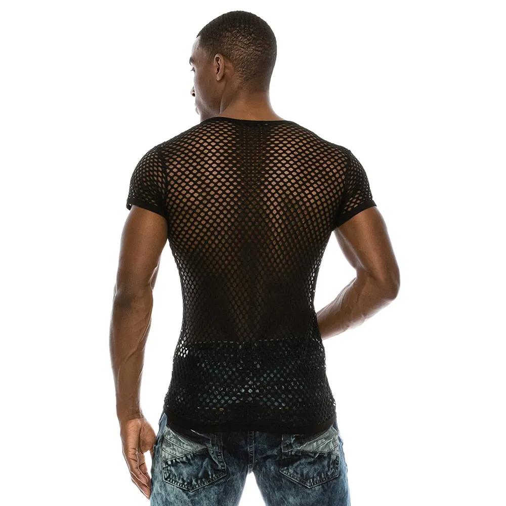 Polyester See-Through Fishnet Streetwear Fitness Shirt