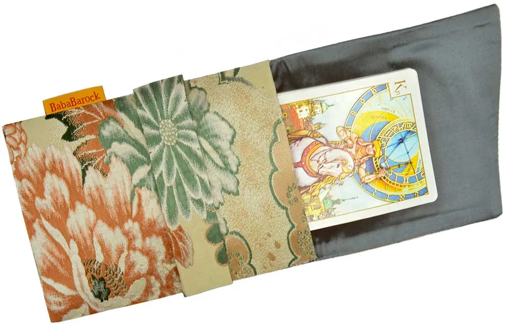 Japanese Vintage Silk Foldover Pouch with Chrysanthemums and Cranes