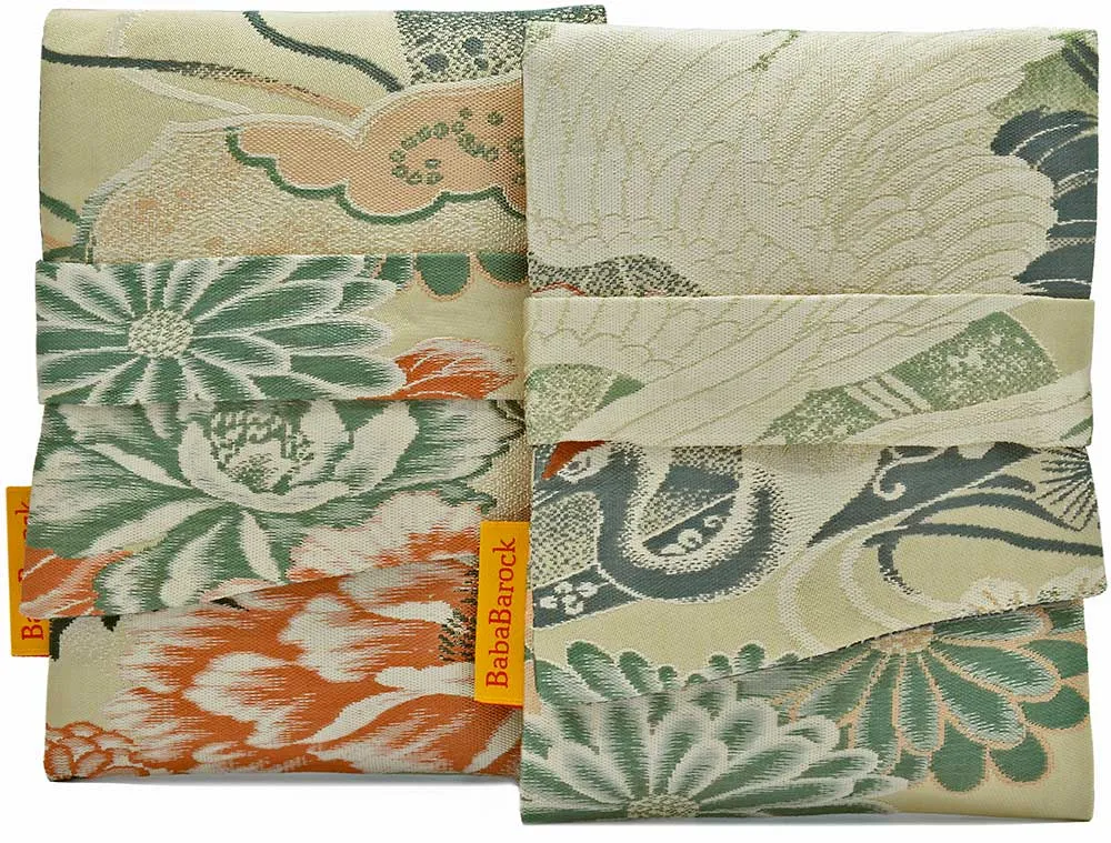 Japanese Vintage Silk Foldover Pouch with Chrysanthemums and Cranes